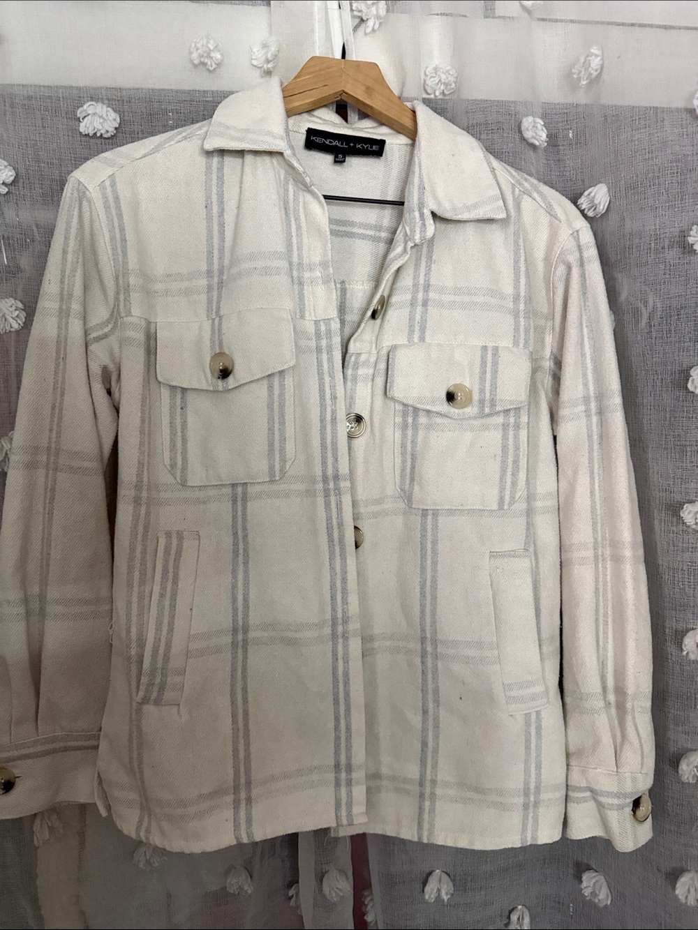 Kendall & Kylie Cream Plaid Button-Up Jacket with Light Gray Checks